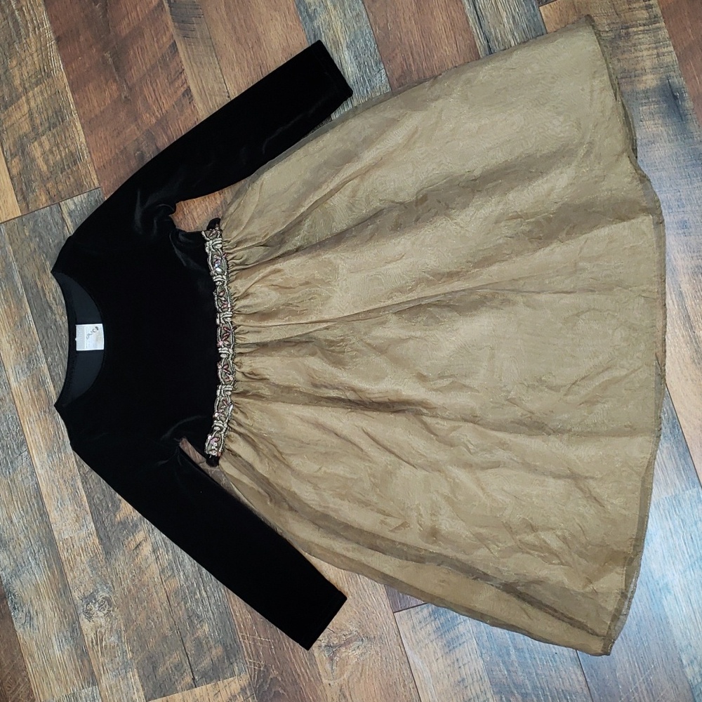 Perfectly Dressed Black Velvet Long Sleeve Dress with Tan Skirt, Size 6
